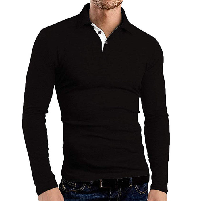 Men's Long-sleeved Solid Color Lapel T-shirt Men