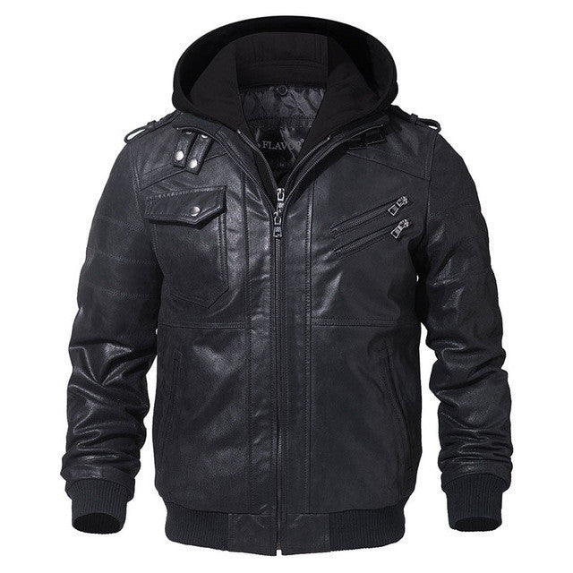 Men Real Leather Jacket Removable Hood