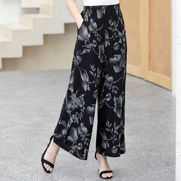 Elastic Waist Mother Wide Leg Pants Floral Pants