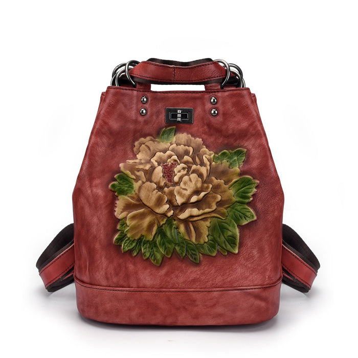 Women Retro Leather Women Bag Tree Cream Leather Backpack