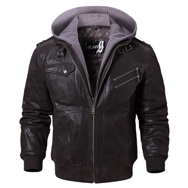 Men Real Leather Jacket Removable Hood