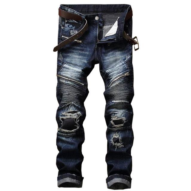 Men Pleated Biker Jeans