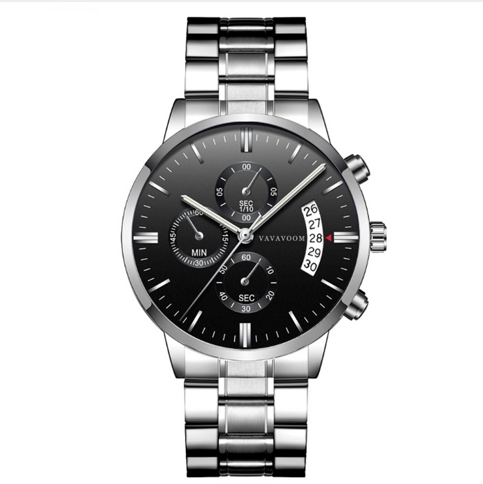 Men\'s Stainless Steel Watches with Business Leisure Calendar Quartz Watches Waterproof Black Refined Steel Watches