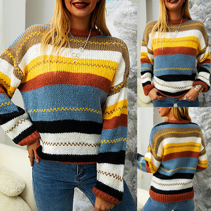 Ladies Color Stripe Stitching Round Neck Long-Sleeved Sweater