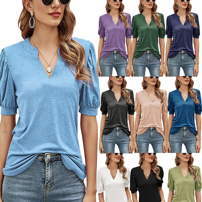 Women's Pleated Puff Sleeve Tops Summer V Neck T Shirts Casual Loose Blouses