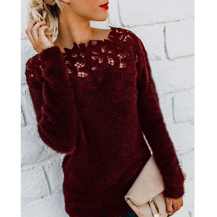 Lace Trim Solid Color Pullover Round Neck Knit Top Women's Sweater