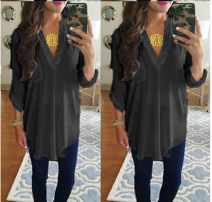 V-neck Long-sleeved Shirt Plus Size Loose T-shirt For Women