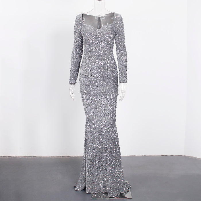 Fashion Sequin Square Neck Thin Silver Grey Party Dress