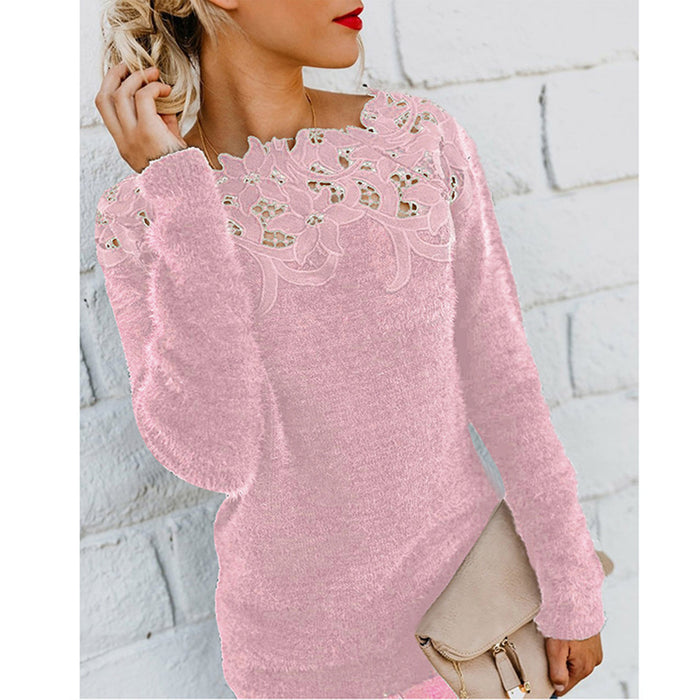 Lace Trim Solid Color Pullover Round Neck Knit Top Women's Sweater