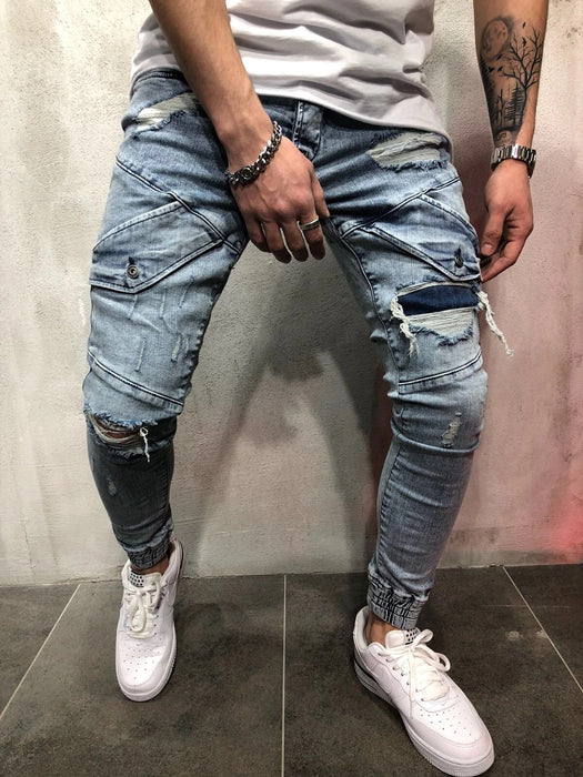 new men's slim jeans black hole men's denim beam blue feet pants