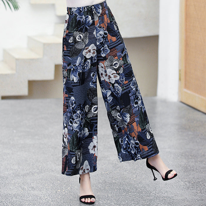 Elastic Waist Mother Wide Leg Pants Floral Pants