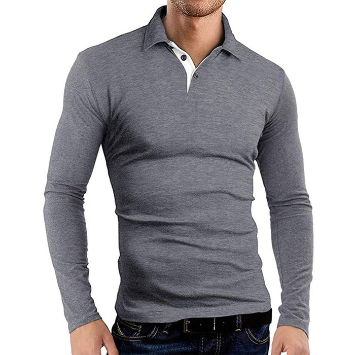 Men's Long-sleeved Solid Color Lapel T-shirt Men