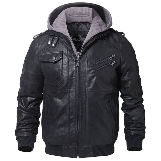 Men Real Leather Jacket Removable Hood