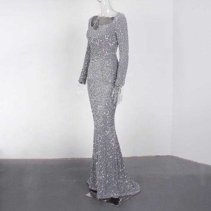 Fashion Sequin Square Neck Thin Silver Grey Party Dress