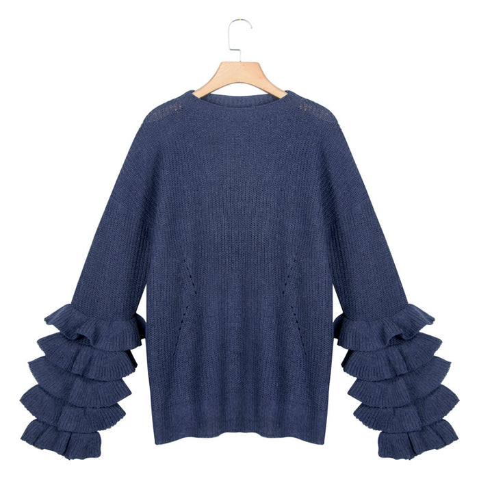 Petal Sleeve Casual Solid Color Ladies Sweater