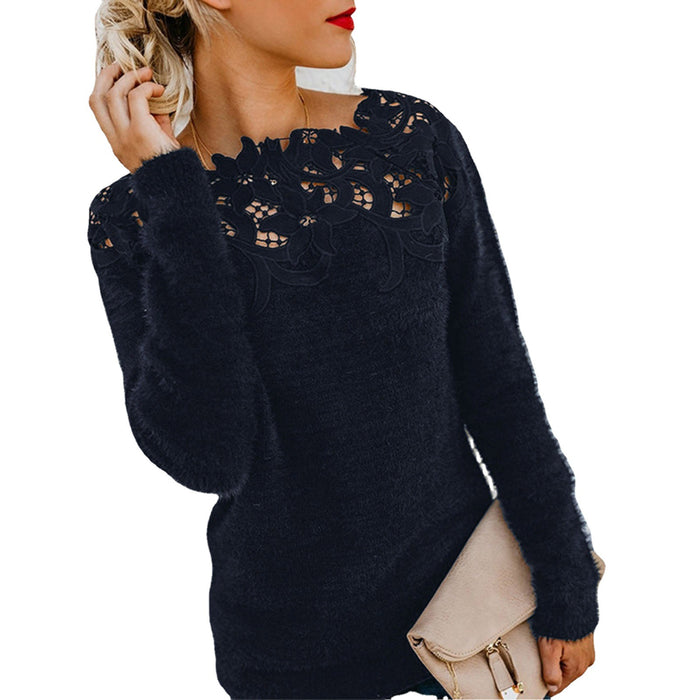 Lace Trim Solid Color Pullover Round Neck Knit Top Women's Sweater