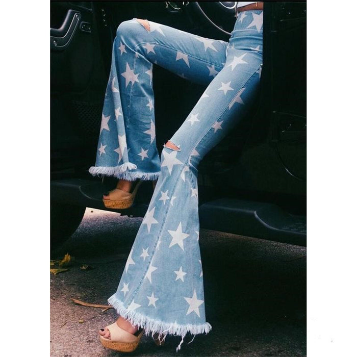 Women's Star Print Ripped Jeans Fringed Flared Pants