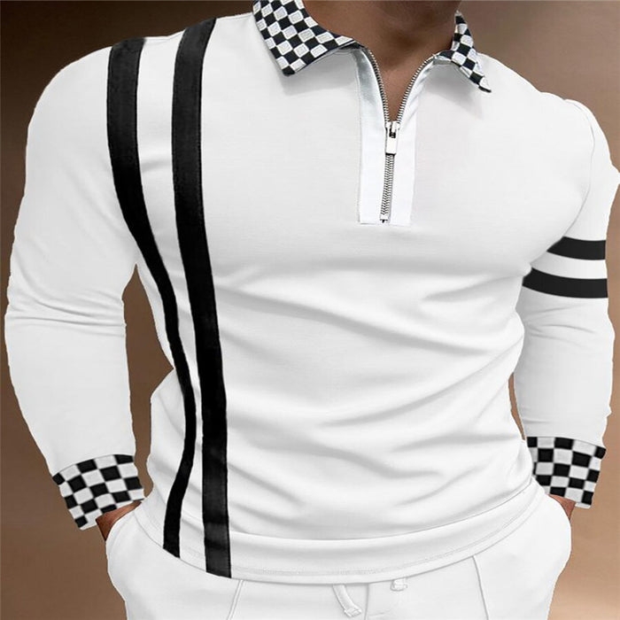 Men's Long Sleeve Lapel Striped Slim Polo Shirt Men