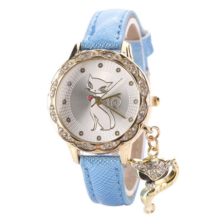 Fashion Cute Cat Pattern watch bracelets Clock Gift Women Girl Watches Luxury Diamond Analog Leather Quartz Wrist Watches