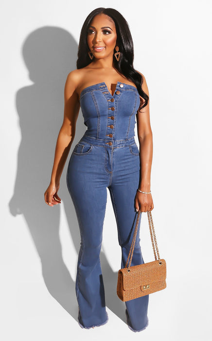 One-neck wrap-around wide-leg denim jumpsuit