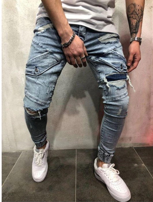 new men's slim jeans black hole men's denim beam blue feet pants