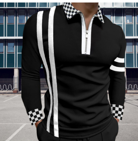 Men's Long Sleeve Lapel Striped Slim Polo Shirt Men