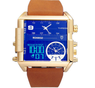 Men Sports Watches Man Military chronograph digital Watch Leather Rectangle Quartz Wristwatches