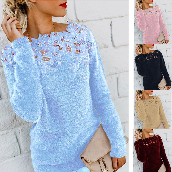 Lace Trim Solid Color Pullover Round Neck Knit Top Women's Sweater