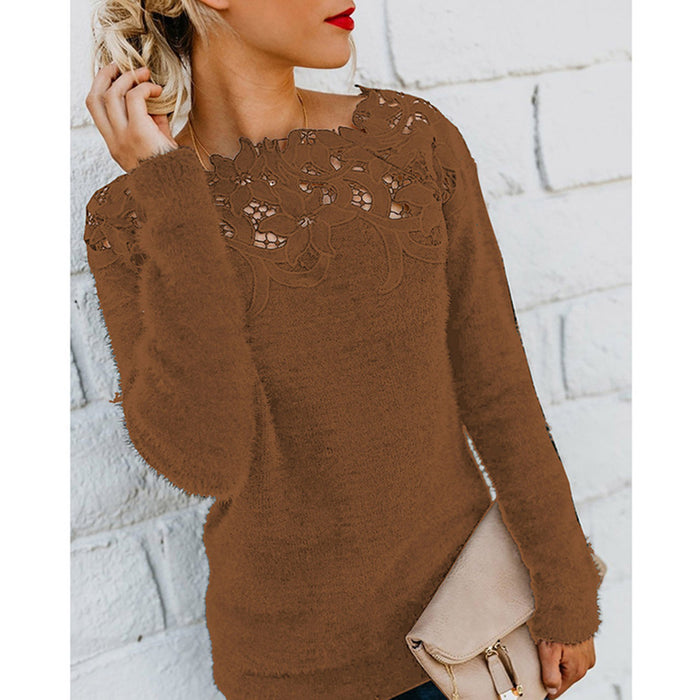 Lace Trim Solid Color Pullover Round Neck Knit Top Women's Sweater