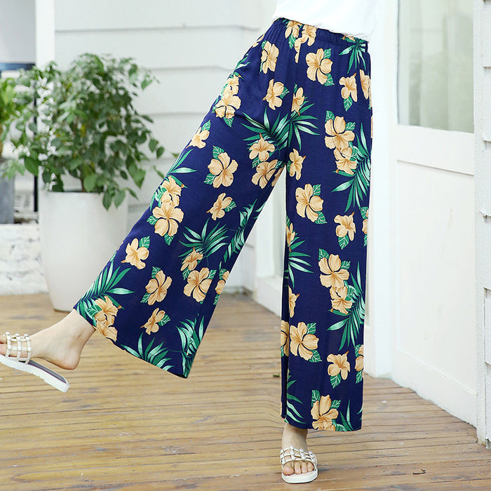 Elastic Waist Mother Wide Leg Pants Floral Pants