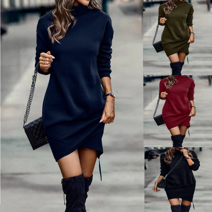 High Neck Long Sleeve Cross Hem Short Chic Dress