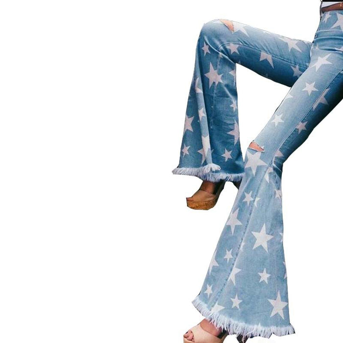 Women's Star Print Ripped Jeans Fringed Flared Pants