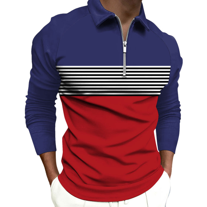 Striped Black Raglan Polo Shirt Printed Simple Zipper Lapel Long Sleeve T-shirt Men