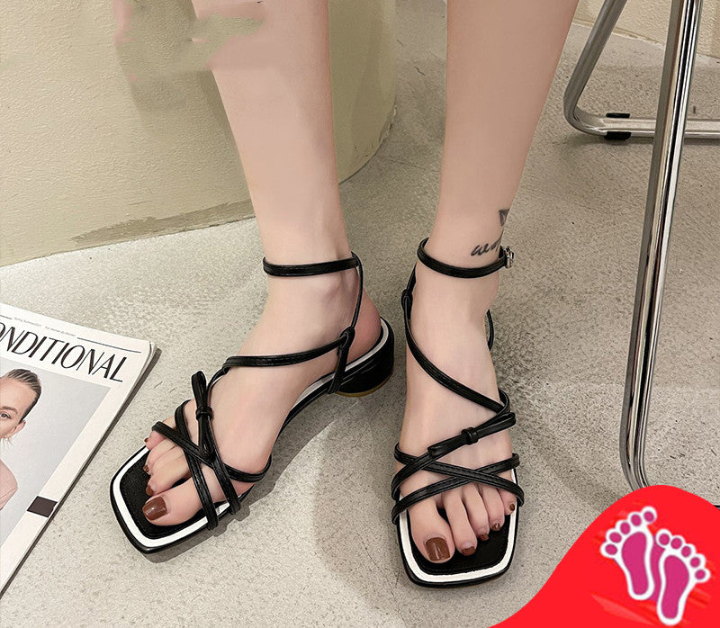 Summer Mid-heel Square-toe Thick-heeled Sandals Women