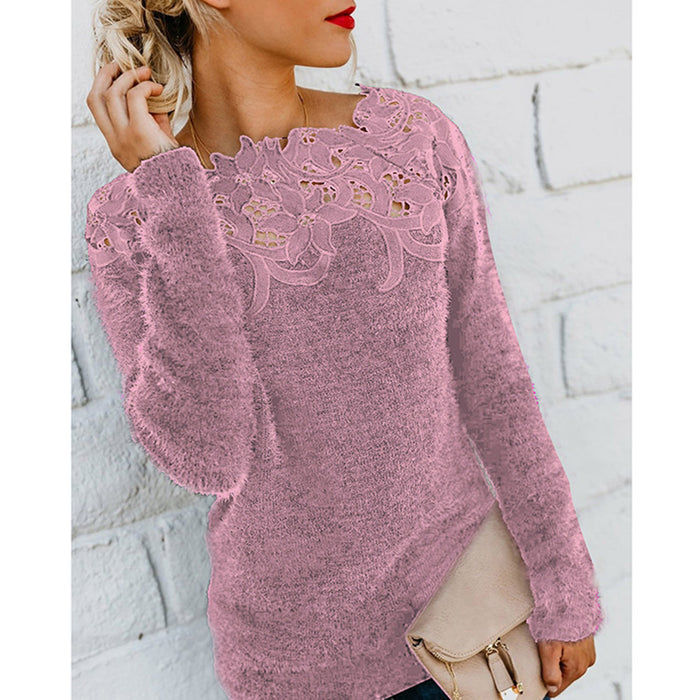 Lace Trim Solid Color Pullover Round Neck Knit Top Women's Sweater