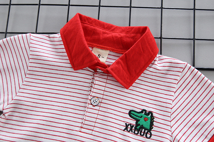 Two-piece cartoon short-sleeved striped polo shirt