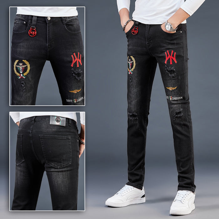 High-End Embroidered Ripped Slim-Fit Jeans