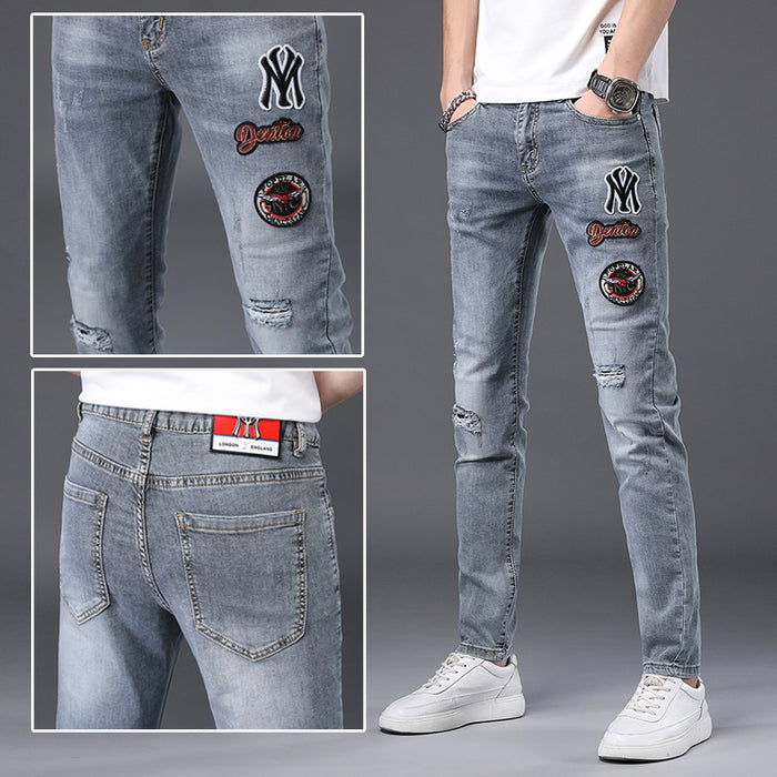 High-End Embroidered Ripped Slim-Fit Jeans