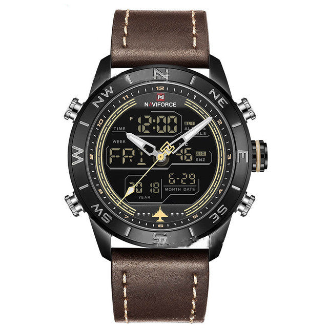 NAVIFORCE 9144 Mode Gold Männer Sport Uhren Herren LED Analog Digital Uhr Armee Militär Leder Quarzuhr Relogio Masculino