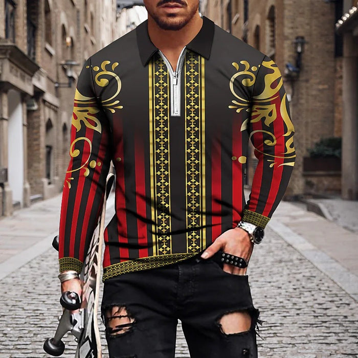 Vintage Print Men's Zip-Up POLO Shirt