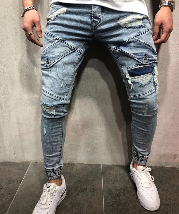 new men's slim jeans black hole men's denim beam blue feet pants