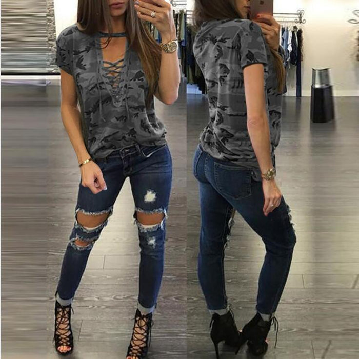 Women Camouflage V-neck Short sleeve T-shirt