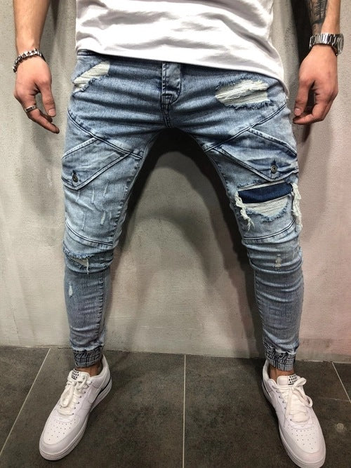 new men's slim jeans black hole men's denim beam blue feet pants