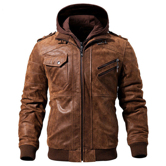 Men Real Leather Jacket Removable Hood