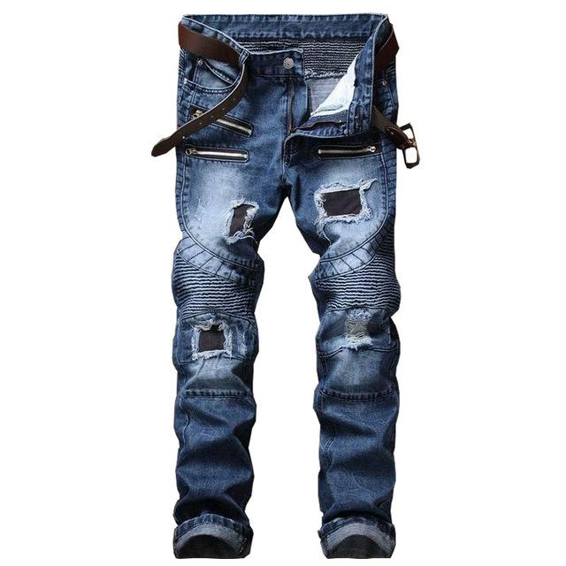 Men Pleated Biker Jeans