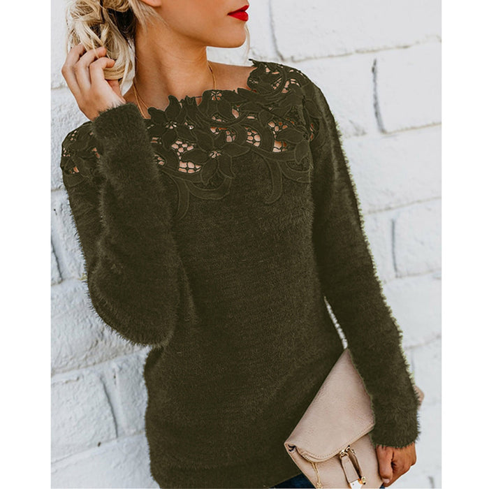 Lace Trim Solid Color Pullover Round Neck Knit Top Women's Sweater