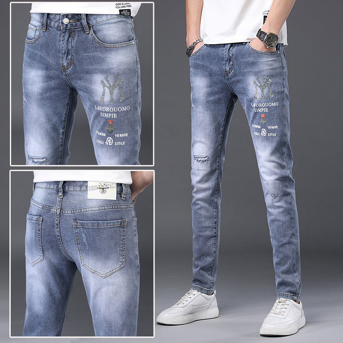 High-End Embroidered Ripped Slim-Fit Jeans