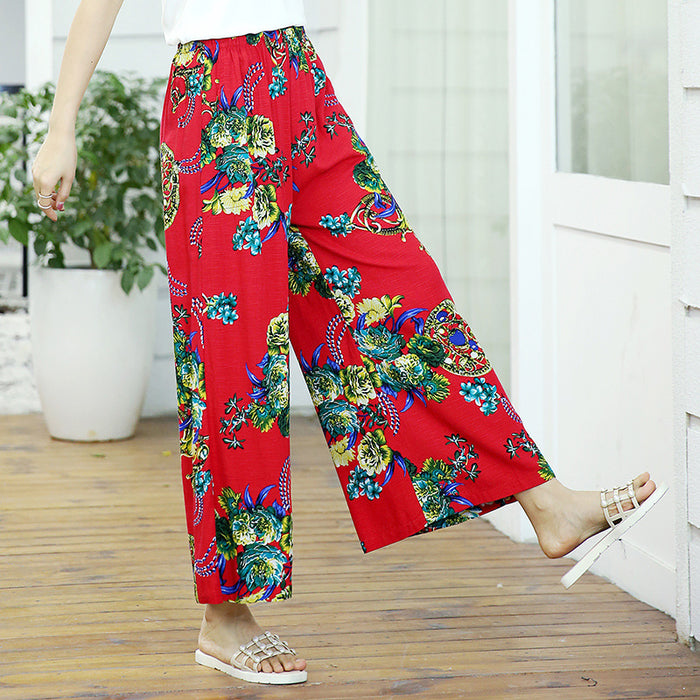 Elastic Waist Mother Wide Leg Pants Floral Pants