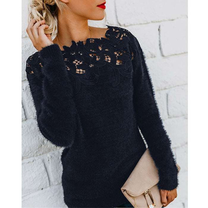 Lace Trim Solid Color Pullover Round Neck Knit Top Women's Sweater