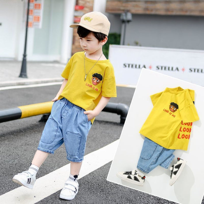 Short-sleeved Jeans Two-piece Boy Summer Suit 2021 New Children's T-shirt Summer Trendy Children's Fashion Clothes